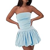 HYPERFIRE Women's Elegant Strapless Tube Bubble Mini Dress Bow Back Dresses Wedding Club Party