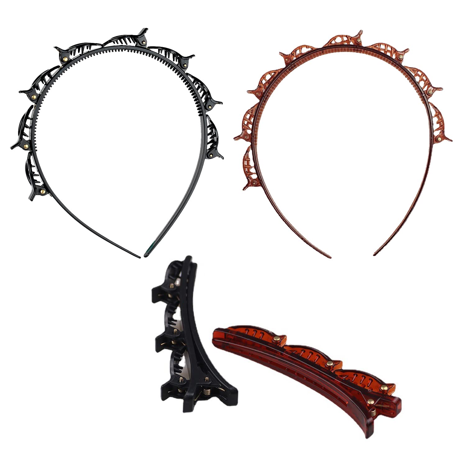2-Pack Double Layer Hair Bands with 2 Clips, Braided & Bangs Clips, Braided Headbands - Styling Accessories for Women & Girls
