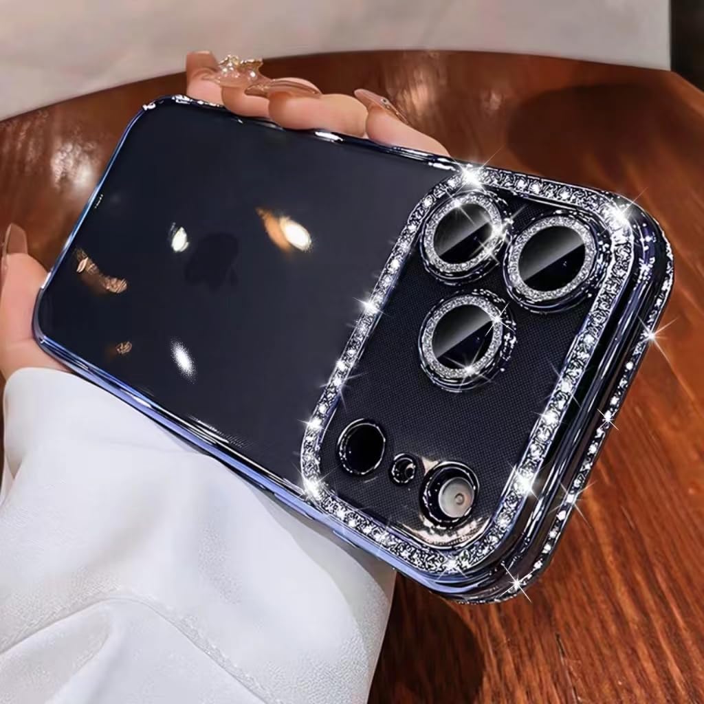 Clear Glitter Case for iPhone 17 Pro Max, Cute Luxury 3D Sparkly Bling Diamond Rhinestone Camera Lens Protector Soft Plating TPU Bumper Transparent Women Girls Phone Case Cover for iPhone 17 Pro Max