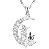 LONAGO Witch and Cat Moon Necklace Black Cat Necklace Jewelry Gift for Women