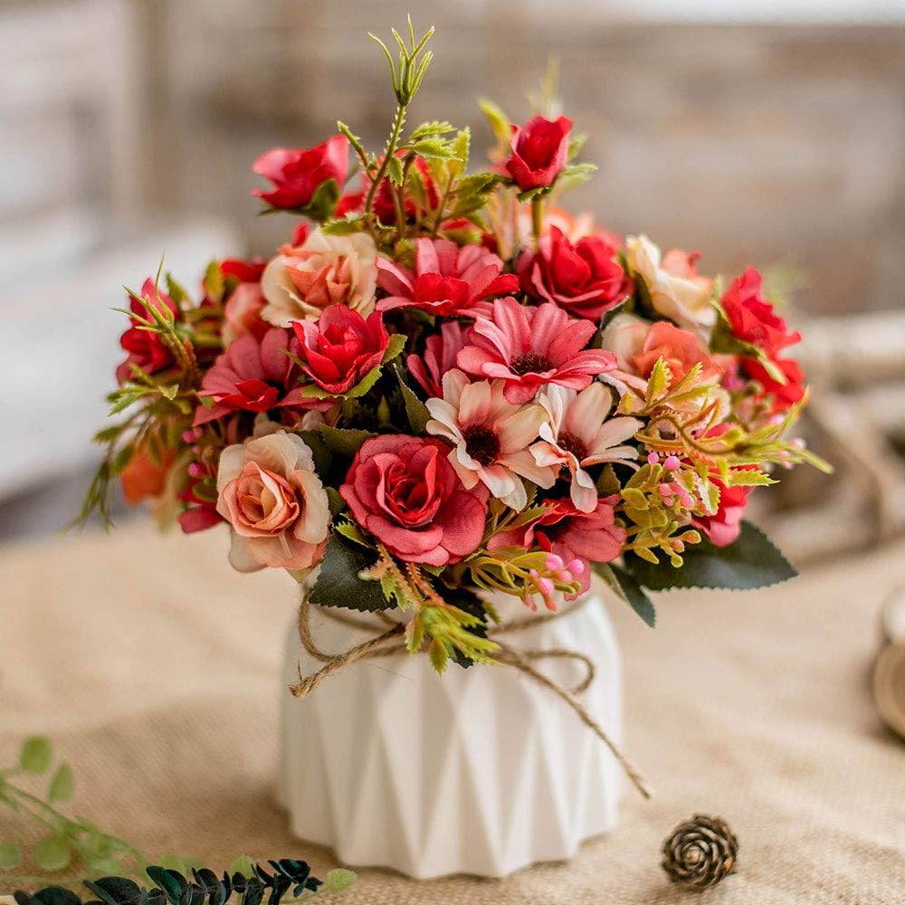 Amazon Com Artificial Flowers Fake Flowers Silk Rose Bouquets Decoration With Ceramics Vase For Table Home Office Wedding Red Rose Kitchen Dining
