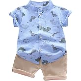 Betadog Toddler Boy Patchwork Summer Outfits Short Sleeve Button Down Shirt Tops &amp; Casual Shorts (Blue, 18-24 Months)