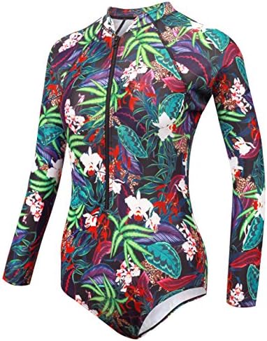 dilinte Long Sleeve One Piece Swimsuit Floral Print Zipper Sun Protection Swimsuit Rash Guard Bathing Suit