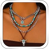 Firuilo Boho Western Necklaces Turquoise Beaded Layered Neckalces Ox-head Pendant Necklaces Western Jewelry for Women Cowgirl Cowboy Accessories