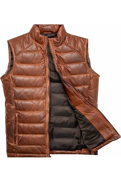 Puffer Vest Mens Real Lamb Leather Down Bubble Vest, Brown