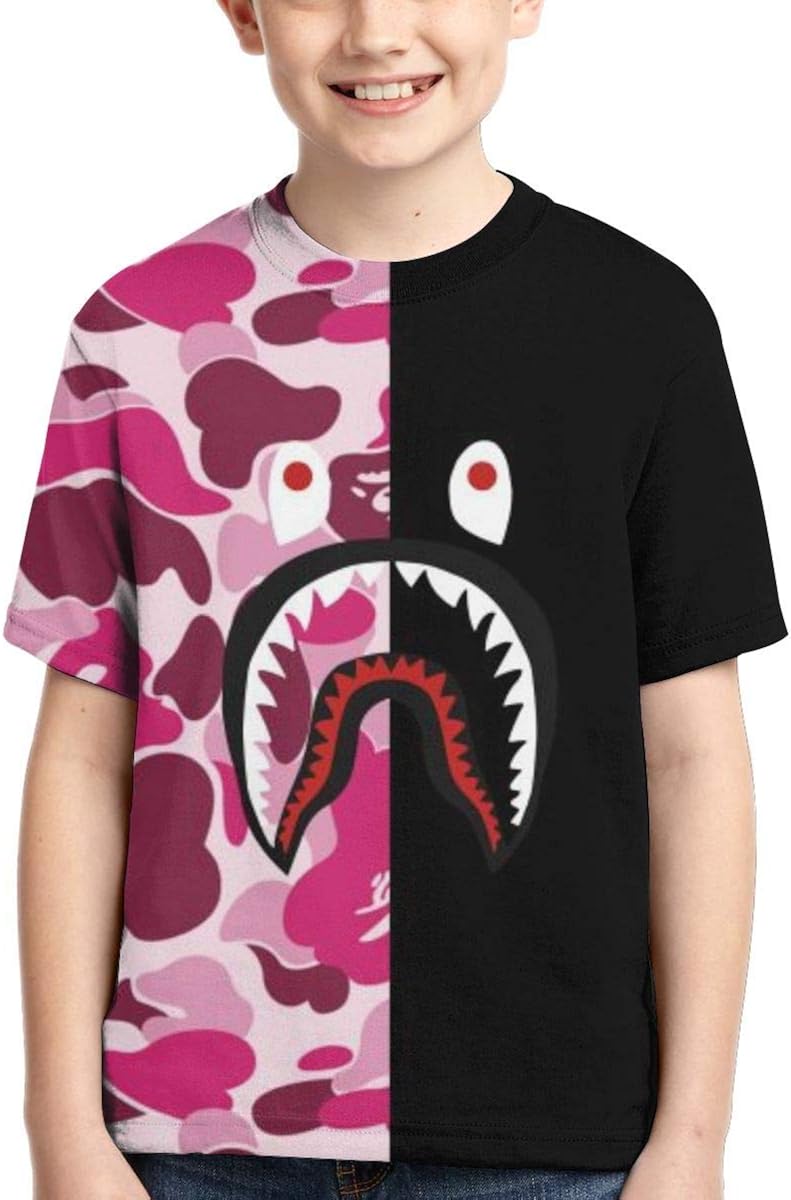 Bape Shark Half Gray Camo Boys Girls 3D Printed Short Sleeves T Shirt Fashion Youth Tee Shirts