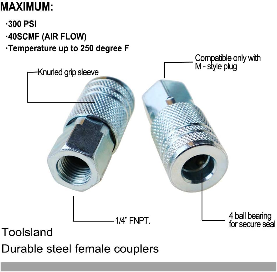 Toolsland 7 Pack Female Industrial Coupler, 1/4-Inch NPT Thread Quick Connect Air Tool Fittings, Industrial M Style Coupler with Zinc Plated for Quickly and Safely Disconnect Air Hose - - 
