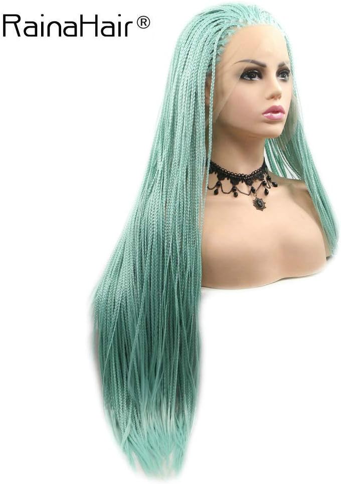 RainaHair 26inch Box Braided Wigs Drag Queen Afro America Blue Synthetic Lace Front Wigs for Women Ladies Cosplay Party Festival Long Braids Hair - Image 4