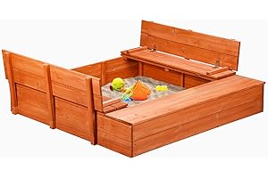 AGITREE Kids Wooden Sandbox with Cover and Foldable Storage Bench Seats, Sand Table with Protection Bottom Liner,Kids Play Equipment for Outdoor Backyard Garden 47X47in.