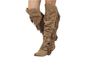 Bcshiye Women's Knee High Boots Casual Over The Knee Retro Tassel Moccasin Square Low Heel Zipper Western Long Booties