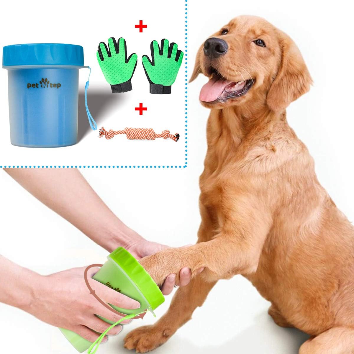 petNtep Portable Dog Paw Cleaner for Dogs Small Breeds or Puppy, Dog Paw Washer Cup has Soft Silicone Bristles to Gently Clean Muddy Paws, Plus Pet Grooming Glove Set and Dog Rope Toy