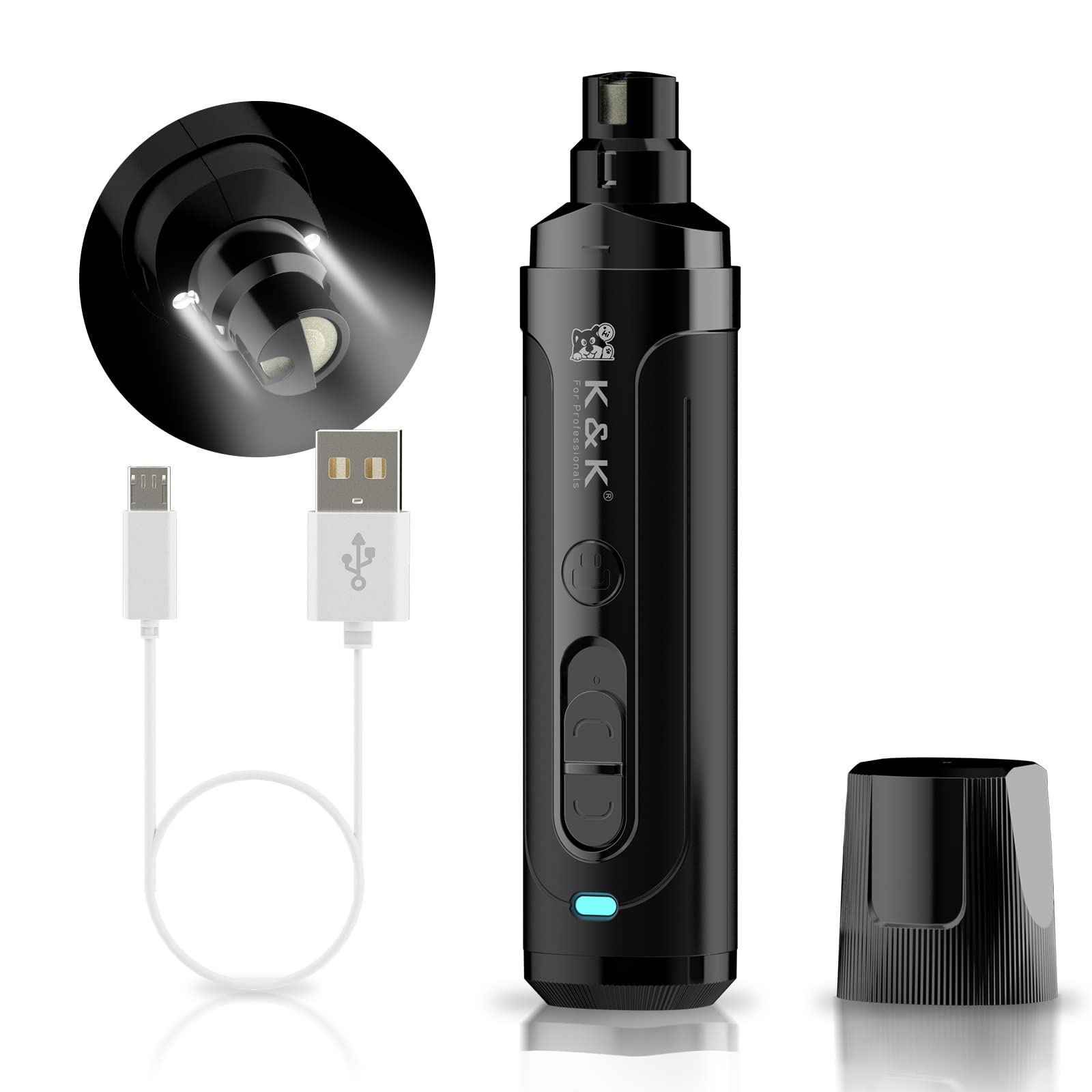 K&K Dog Nail Grinder, Professional 2-Speed Electric Pet Nail Trimmer, LED Light, for Small Medium Large Dogs, Cats (Black) (Black)