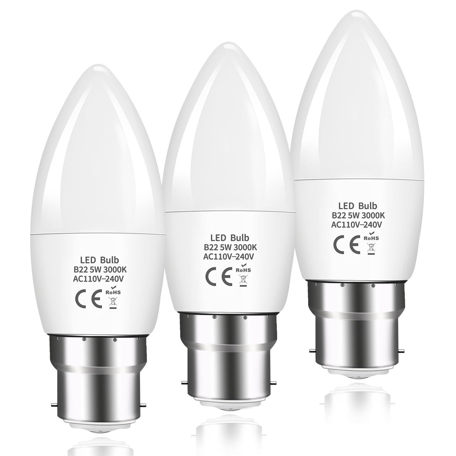 Caldarax B22 LED Bayonet Cap Candle Bulbs 5W, C37 B22 LED Candle Light Bulb 40W Equivalent, 470LM Warm White 3000K, BC Energy Saving Candle Bulbs, Non-Dimmable, Pack of 3