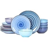 Selamica Ceramic Dinnerware Sets for 6, 18 Pieces Plates and Bowls Set, Scratch Resistant Dishes Set, Handpainted Swirl with Spot Dishwasher & Microwave Safe, Gradient Blue