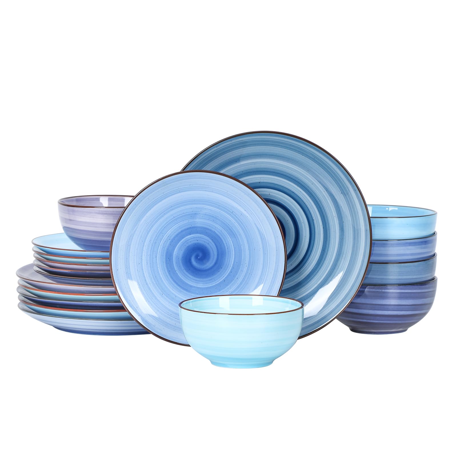 Selamica Ceramic Dinnerware Sets for 6, 18 Pieces Plates and Bowls Set, Scratch Resistant Dishes Set, Handpainted Swirl with Spot Dishwasher & Microwave Safe, Gradient Blue Image