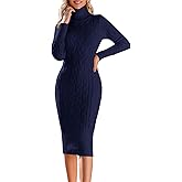 Fangetey Womens Long Sleeve Turtleneck Sweater Dresses Knitted Bodycon Midi Sheath Jumper Dresses