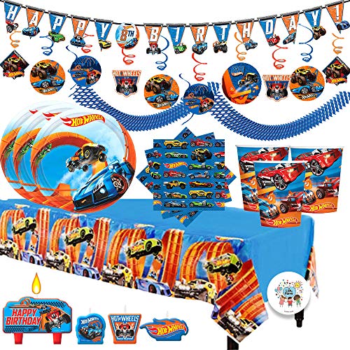 Hot Wheels Wild Racer MEGA Birthday Party Supplies Pack For 16 Guests With Small Dessert Plates and Napkins, Tablecover, Cups, Add An Age Birthday Banner, Swirl Decorations, Candles, and Exclusive Pin
