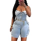 Voghtic Women's Sexy Tube Denim Romper Cargo Jean Shorts Jumpsuits Going Out Outfits