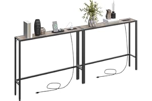 MAHANCRIS Narrow Console Sofa Table with Charging Station, 100 cm Skinny Behind Couch Table, Set of 2, Long Entryway Tables f