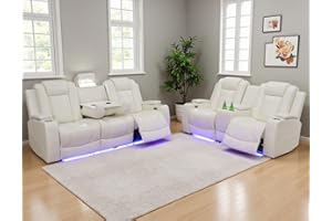 Anthato Leather Power Recliner Sofa Set, Living Room Furniture Sets, 2 Piece Reclining Sofa Set with LED, Modern Recliner Couches with Arm Storage/Cup Holders/Charging Ports for Home Theater/Office