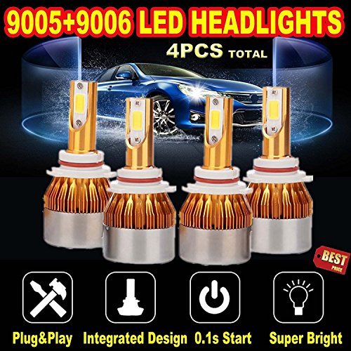 9005 and 9006 LED Headlight Bulbs 6000K White High/Low Beam Combo Set Super Bright for Chevrolet Silverado 1500/GMC/Chevy Tahoe/Dodge/Chrysler/Ford Fog Lamp (Package of 4)