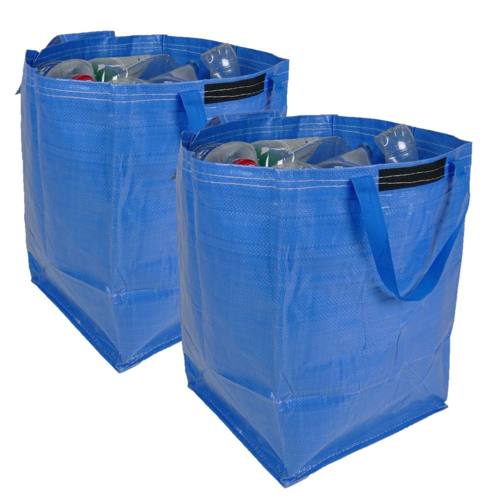 47 Litre Recycling Bag with Top Flap and Handles - Tip Strap - Laminated Wipe Clean Fabric - PREMIUM GRADE - Heavy Duty Woven PP Fabric (2 Bags, Blue)