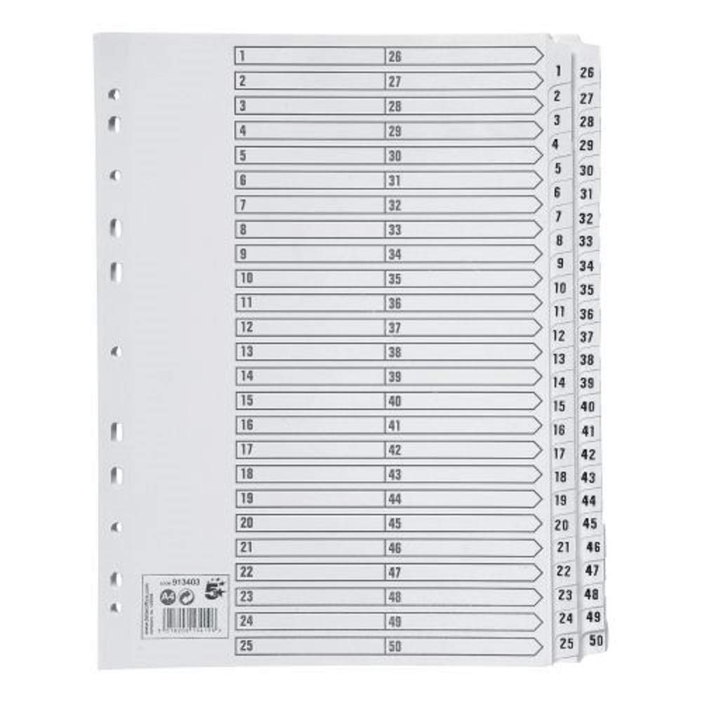 5 Star Index 230 micron Card with Clear Mylar Tabs 1-50 A4 White