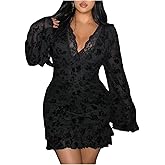 BEAUDRM Women's Plus Size Floral Lace Bodycon Mini Dress V Neck Bell Long Sleeve Date Night Dresses