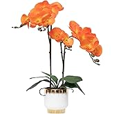 CXGS Orchids Artificial Flowers Real Touch Fake Flowers in Ceramic Pot 20" Orange Faux Orchid Plant Lifelike Silk Phalaenopsis for Centerpiece Hotel Home Indoor Decor