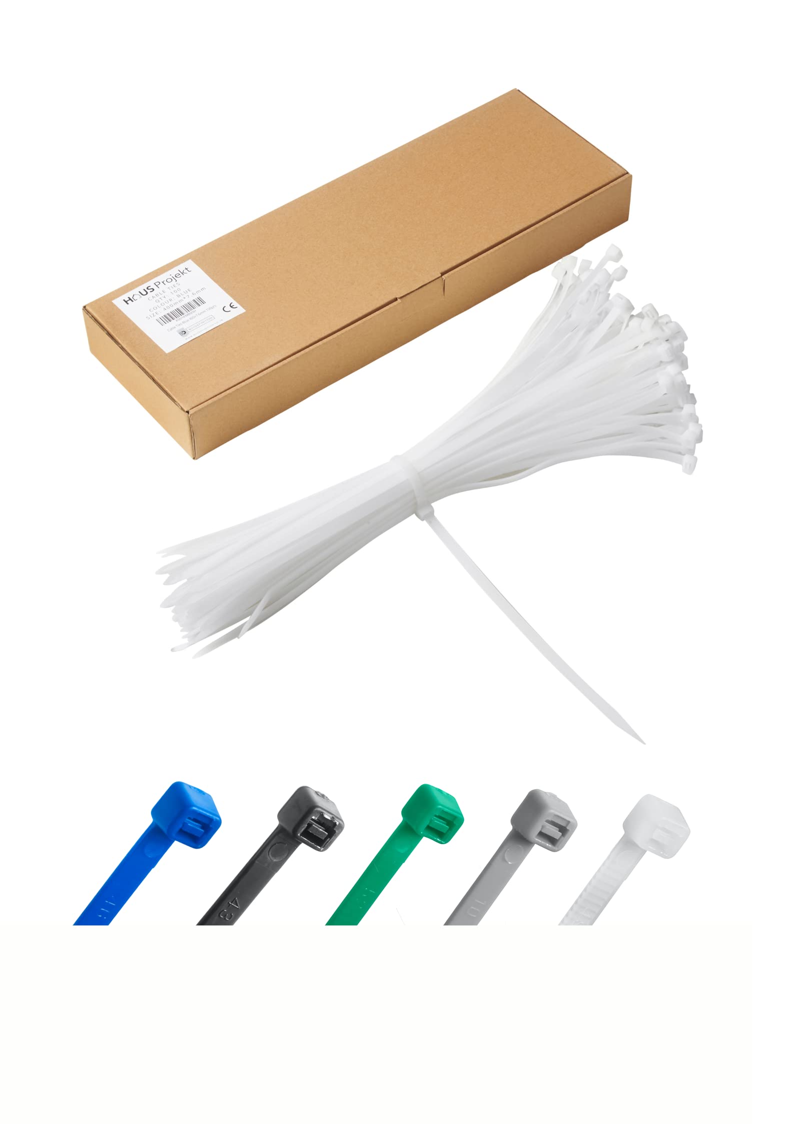 Haus Projekt White 400x7.6mm Cable Ties Heavy Duty, 100pcs Premium Industrial Multi-Purpose Plastic Zip Tie Wraps, Indoor and Outdoor Use, Cable Management, Wires, Office, Garden, Zip Ties White
