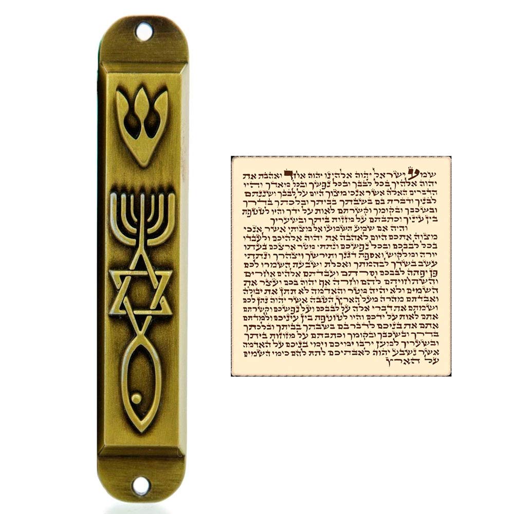Brass Messianic Mezuzah Case with Scroll for Door 3D Menorah Messianic Seal 10 cm / 4 Inch