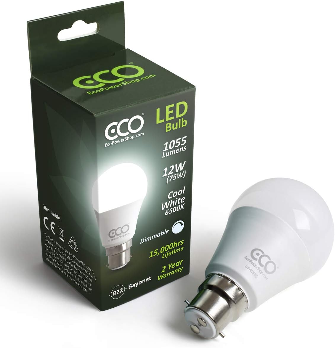 ECO DIMMABLE 2 Pin B22 Bayonet Light Bulb, 12W Dimmable LED Energy Saving Light Bulb, 75W Equivalent, Frosted