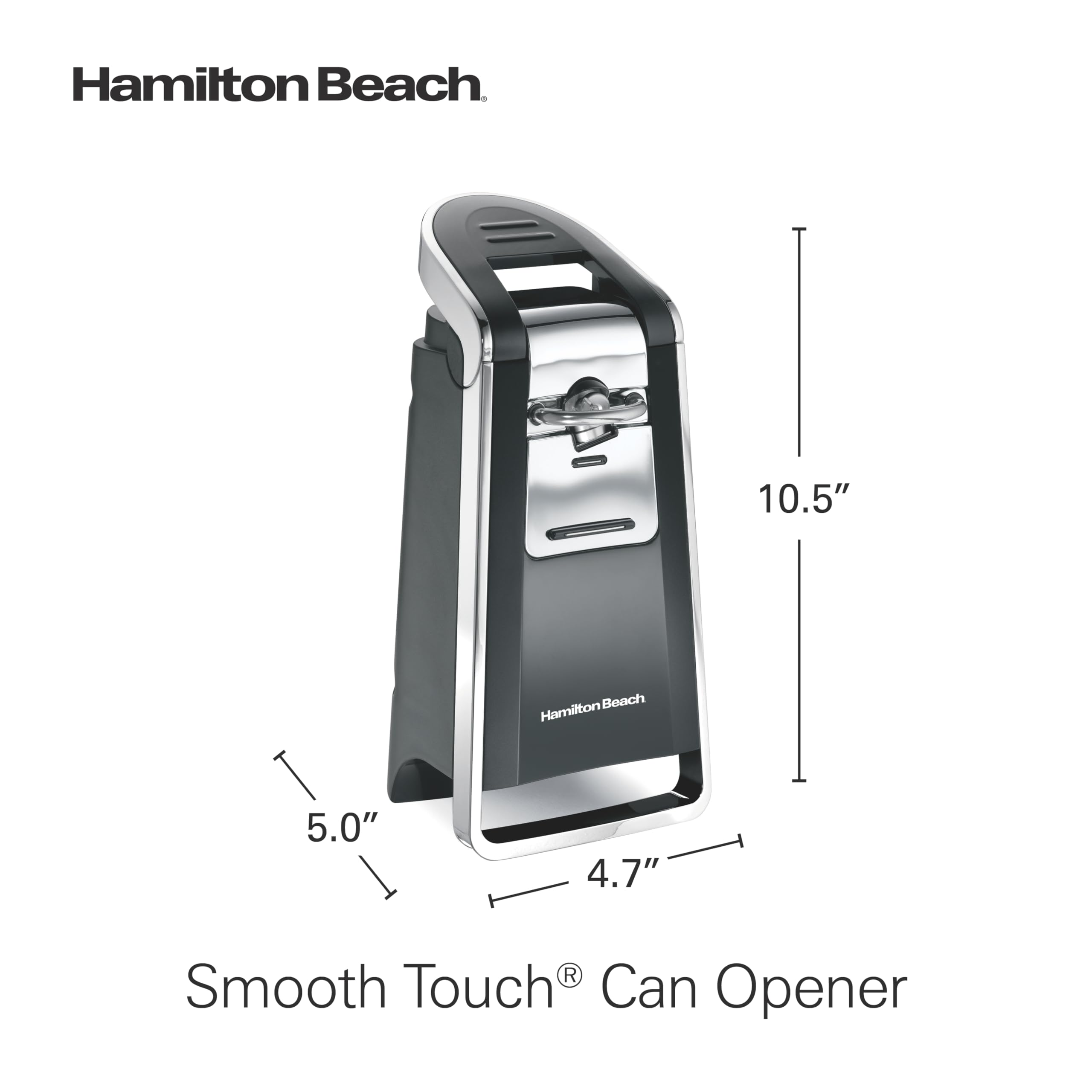 Hamilton Beach Smooth Touch Electric Automatic Can Opener with Easy Push Down Lever, Eliminates Sharp Edges, Opens All Standard-Size and Pop-Top Cans, Extra Tall, Black and Chrome (76606AG)