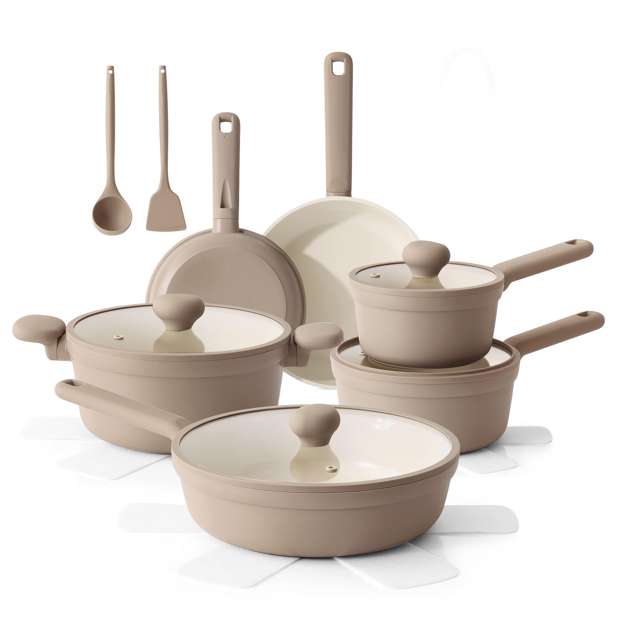 Photo 1 of *************Two pots missing handles*************
SENSARTE Ceramic Nonstick Pots and Pans Set 17pcs, Healthy Induction Cookware Set, Nontoxic Kitchen Cooking Set with Skillets & Saucepans, Stay-cool Handles, PFAS PTFE PFOA PFOS Free,Taupe