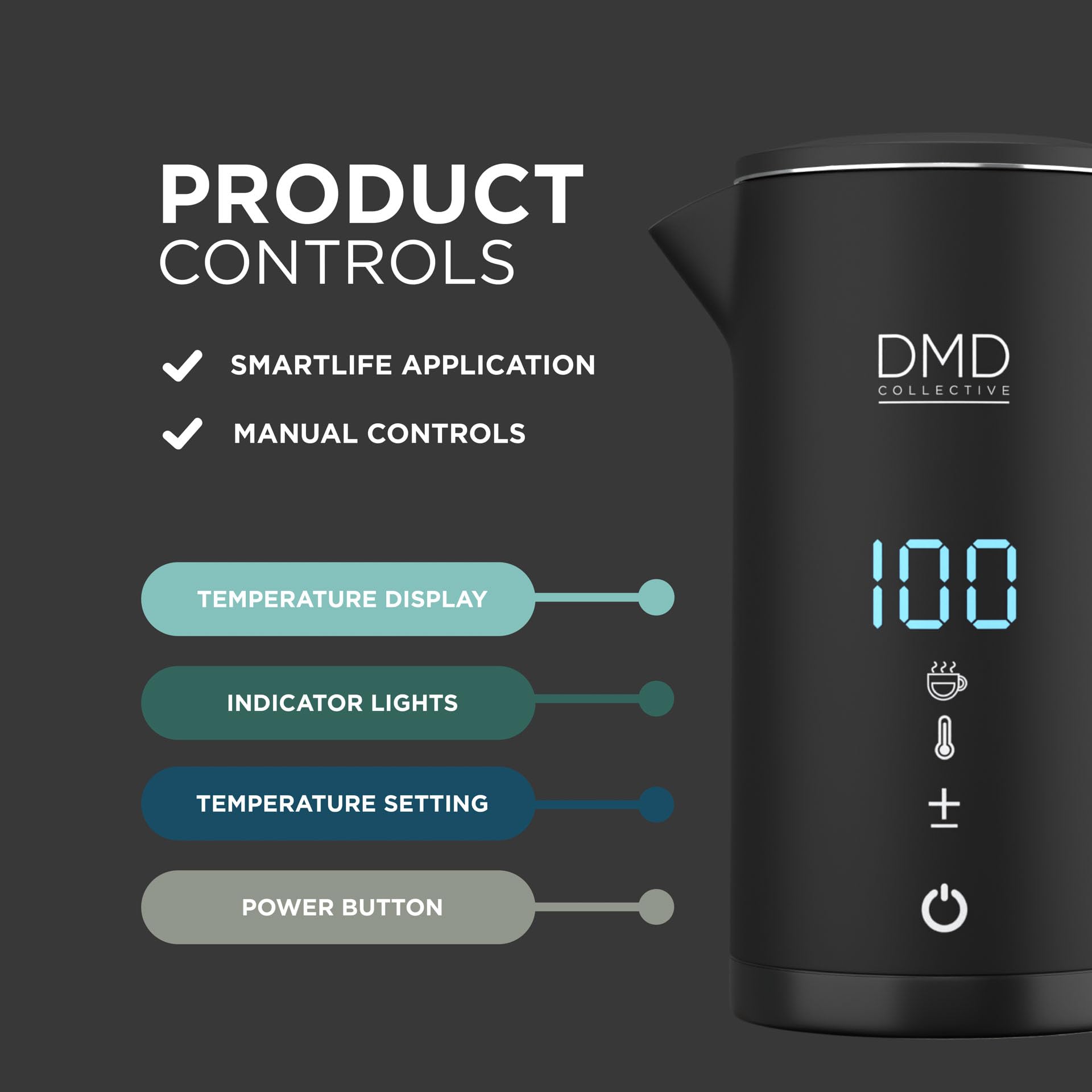 DMD Collective – Smart Kettle 1.5L, Wi-Fi Touchscreen, Voice Control with Alexa & Google | Digital Temperature Display, Double Wall & Anti-Scalding Design, Energy-Efficient