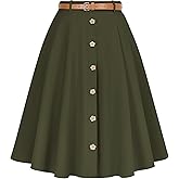 Wedtrend Vintage Skirts for Women Pleated Midi Skirt Button Down Work Skirts A Line Skirt with Belt&Pockets
