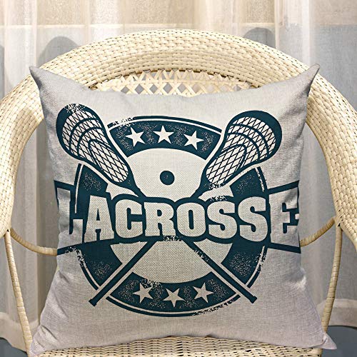Mugod Lacrosse Throw Pillow Vintage Stamp Pattern Helmet Lacrosse Sticks Star Navy Blue Cotton Linen Square Cushion Cover Standard Pillowcase 18x18 Inch for Home Decorative Bedroom/Living Room/Car