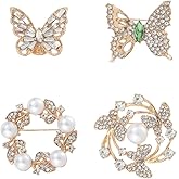 CREATCABIN 4pcs Brooches for Women Butterfly Wreath Brooch Pins Simulated Rhinestone Pearl Pins Jewelry Accessories for Wedding Bridal Dress Corsage Bouquet Coat Hat Jacket Sweater Birthday Gift Gold