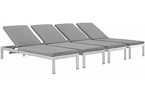 Modway Shore Aluminum Outdoor Patio Four Chaise Lounge Chairs with Cushions in Silver Gray