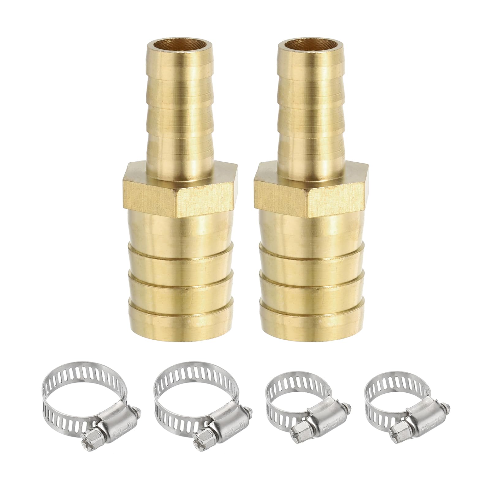 PATIKIL 1/2" to 3/4" Brass Hose Barb Reducer, 2Pcs Barbed Hose Fittings with 4 Stainless Steel Clamps Reducing Splicer Mender Union Adapter for Air Water Fuel