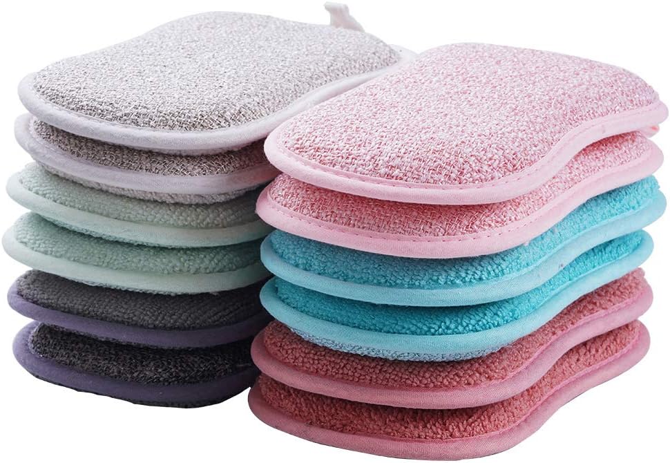 12 Pack Durable Scrub Scouring Sponge , Non-Scratch Microfiber Sponge Along with Heavy Duty Scouring Power , Effortless Cleaning of Dishes, Pots and Pans All at Once (Six Colors): Kitchen & Dining