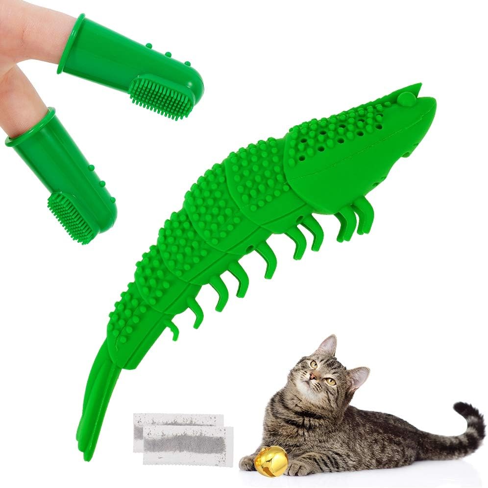 SOSPIRO Cat Catnip Toy Cat Toothbrush Chew Toy Interactive Cat Toys Shrimp Shape Pet Toy for Kitten Kitty Teeth Cleaning, Come with Finger Toothbrush