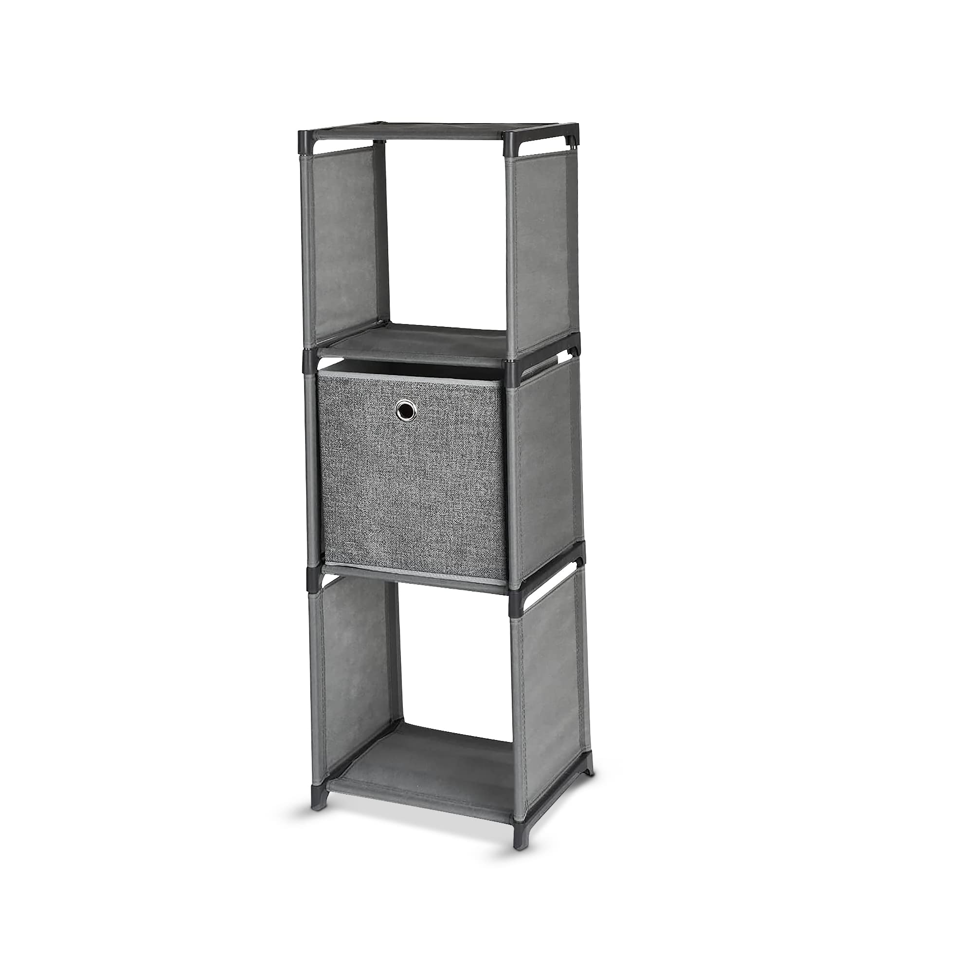 SPICOM Ladder Storage Unit, 3 Cubes with 1 Storage Boxes, DIY Closet Organiser, Multifunctional with Modular Design, Sturdy Metal Frame, Includes Rubber Mallet (Dark Grey)