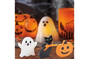 Gosuoa 3 PCS Halloween Decor Indoor,Wooden Cute Halloween Decor Black Cat Ghost Pumpkin Signs Ghost Decorations for Party Home Kitchen Bedroom Bathroom Office Shelf Display