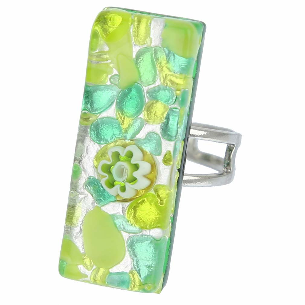 Glass Of Venice Murano Glass Venetian Reflections Rectangular Adjustable Ring - Green Silver