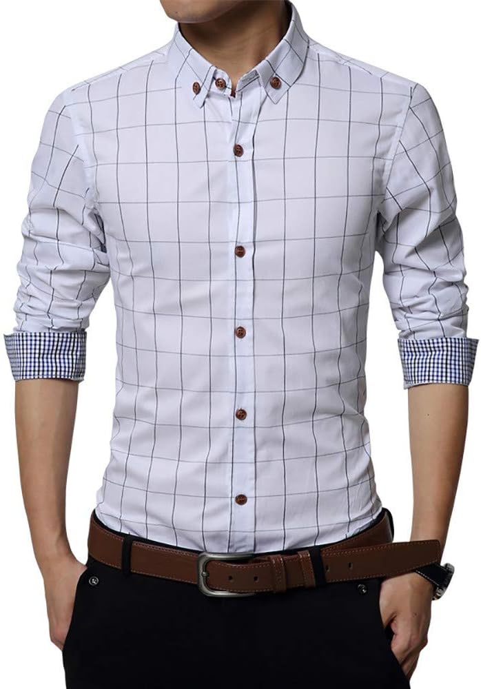 Mikty Men's Button Down Dress Shirts 100% Cotton Long Sleeve Plaid Slim Fit