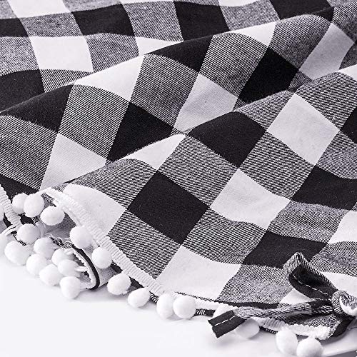 SevenFish 48 inch Buffalo Plaid Christmas Tree Skirt Black and White Buffalo Check Tree Skirt with Pom Pom for Christmas Decorations