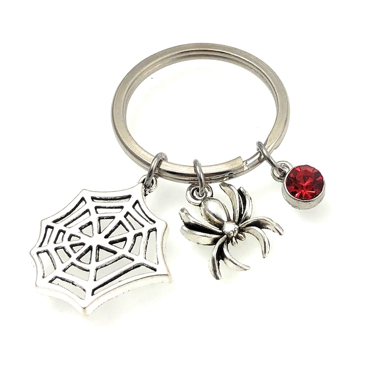 FizzyButton Gifts Spider and Web Keyring Key Ring with Red Rhinestone Charm