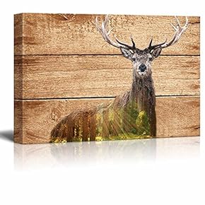 Double Exposure Rustic Canvas Wall Art - Elk Deer in The Wild on Vintage Wood Background - Giclee Print Modern Wall Art | Stretched Gallery Wrap Ready to Hang - 12x18 inches