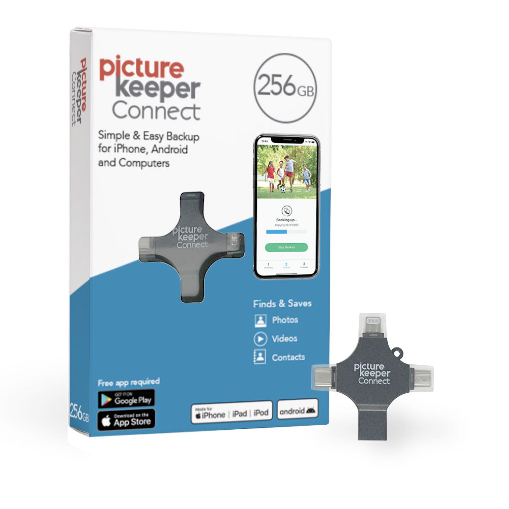 Picture Keeper Connect Photo & Video Flash Drive for PCs, Apple, & Android Devices, 256GB Flash Drive